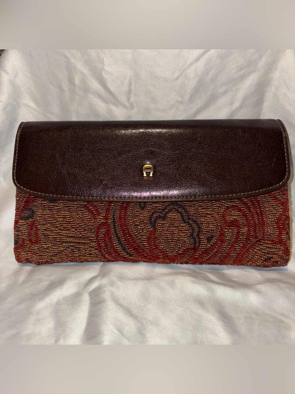 Etienne Aigner Brown Leather & Tapestry Fold-Over Clutch - Women Bags